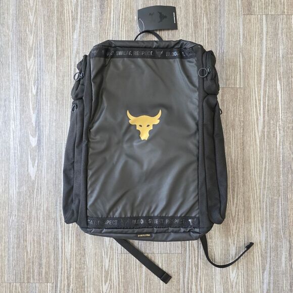 UA Under Armour Project Rock Duffle Backpack Bag Black Gold Gym New 1376459-002 - Picture 2 of 16